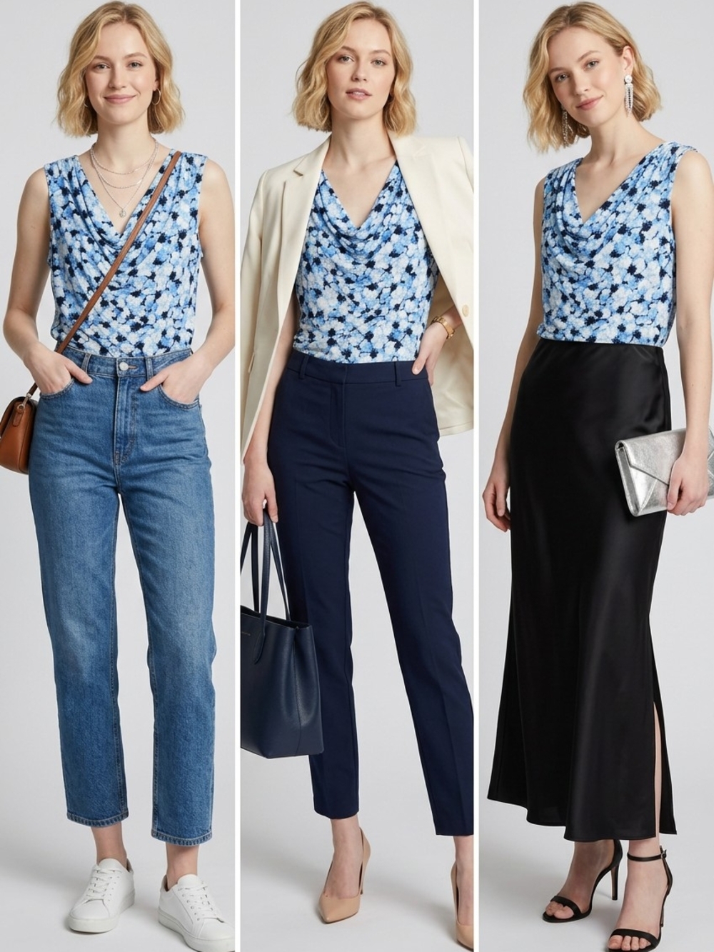 Charter Club Blue and White Floral Cowl Neck Blouse